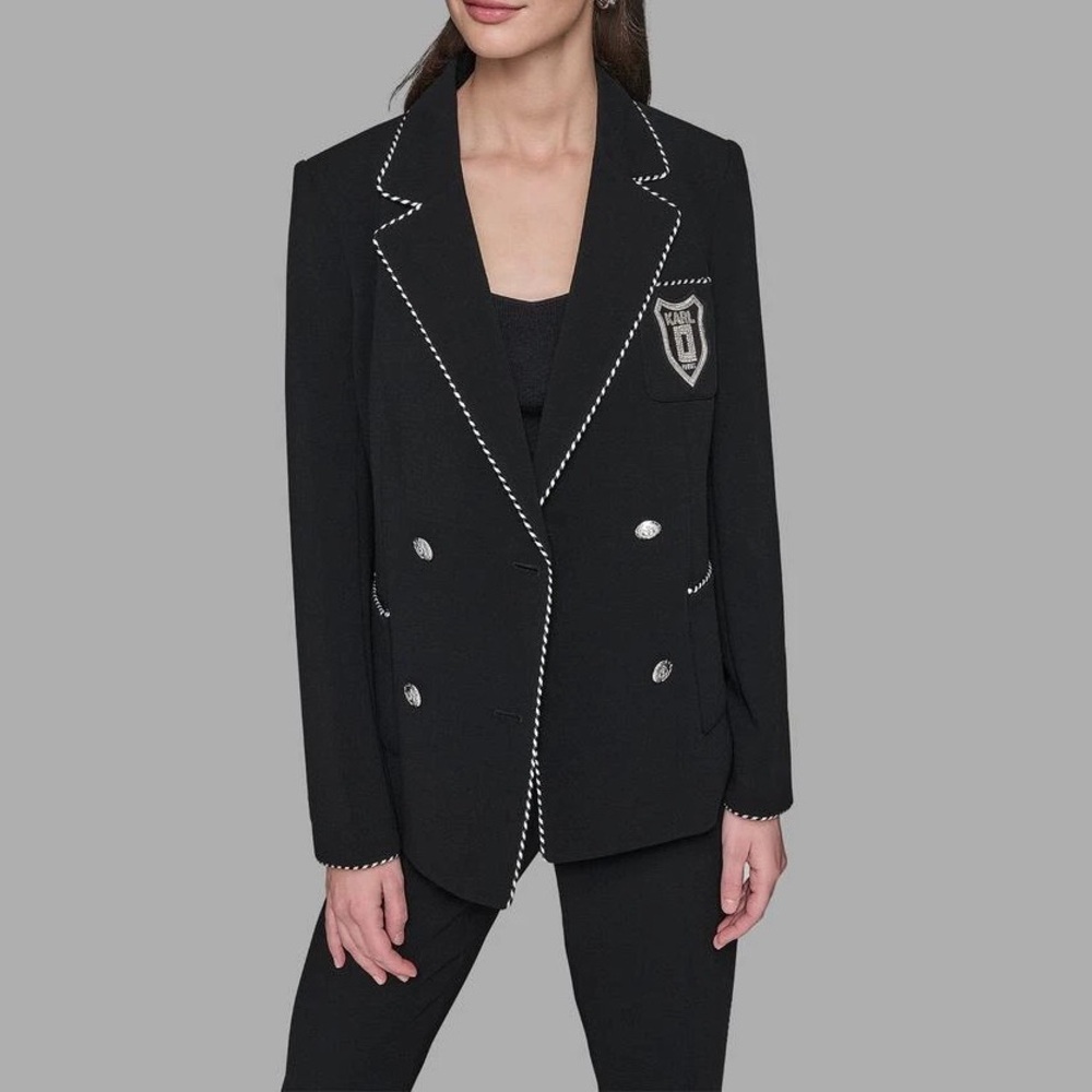 Karl Lagerfeld Paris KARL PATCH VARSITY BLAZER
Black Double-Breasted Blazer Sz 2